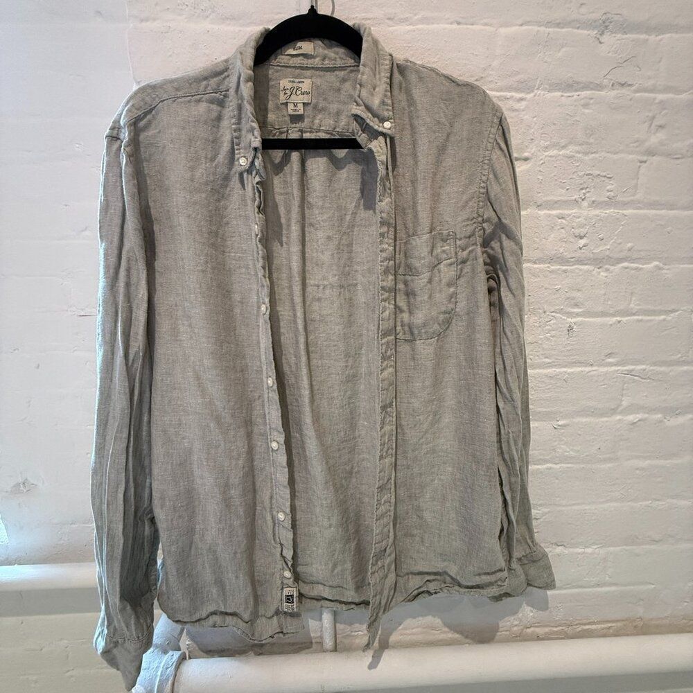 J. Crew Grey Linen Slim Oxford Shirt Medium
